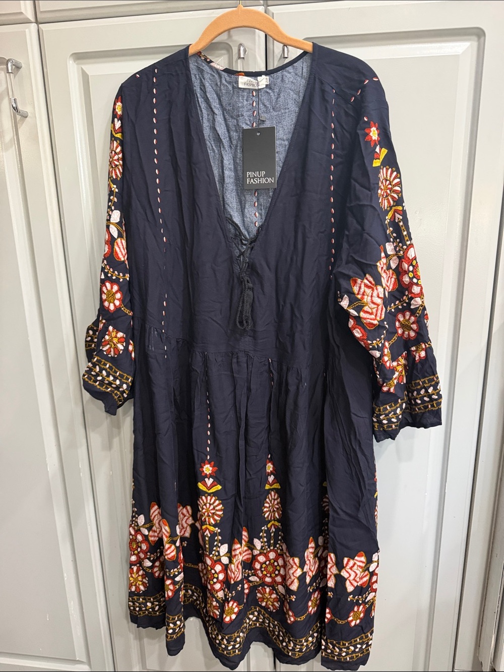 Pinup Fashion Navy Blue Floral Print Lace Up VNeck Boho Dress Plus 20W NWT